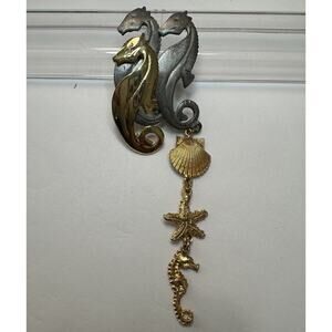 Vintage Ultra Craft Brooch 2 Tone Gold Silver Pewter Signed Seahorse Dangle Pin